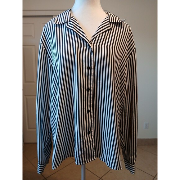 Notations Black White Striped Blouse XL Button Front Long-Sleeve Career Office - Picture 2 of 14